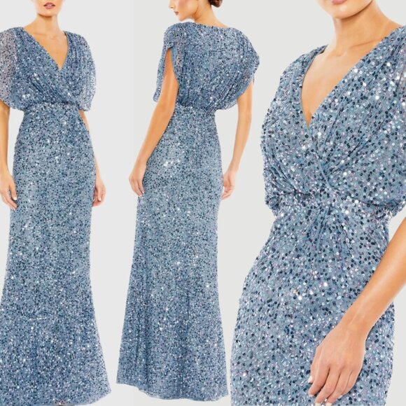 Mac Duggal 5640 Womens Size 6 Blue Sequin Draped Sleeve V-Neck Gown Maxi Dress - Picture 2 of 12